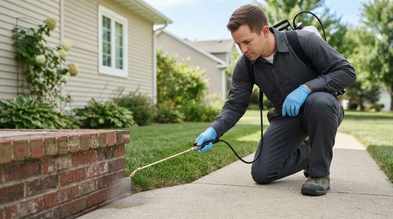 Pest control technician treating a home near Kipton, OH