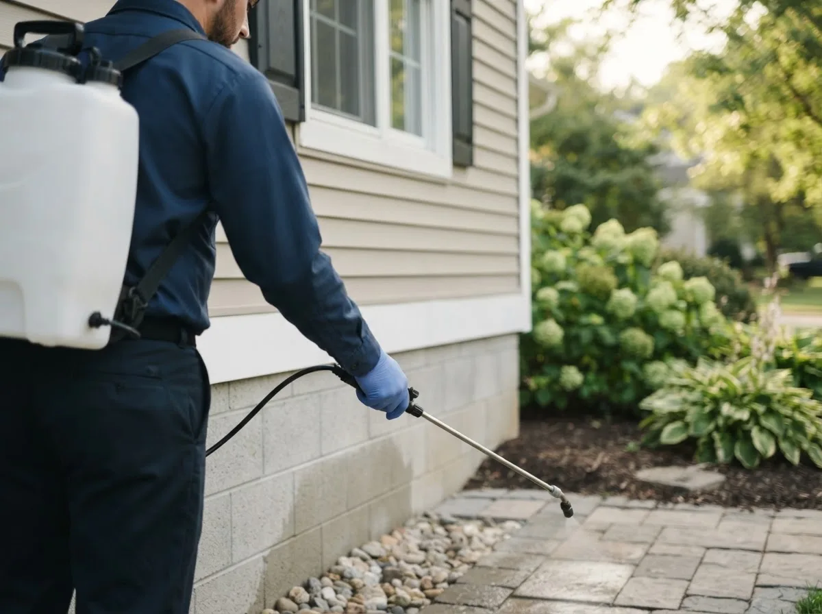 Pest control technician inspecting a home in Kipton, OH